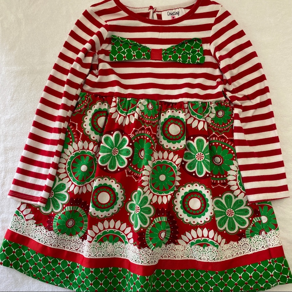 Holiday Inspired Counting Daisies Red/Green Long Sleeve Cotton Dress